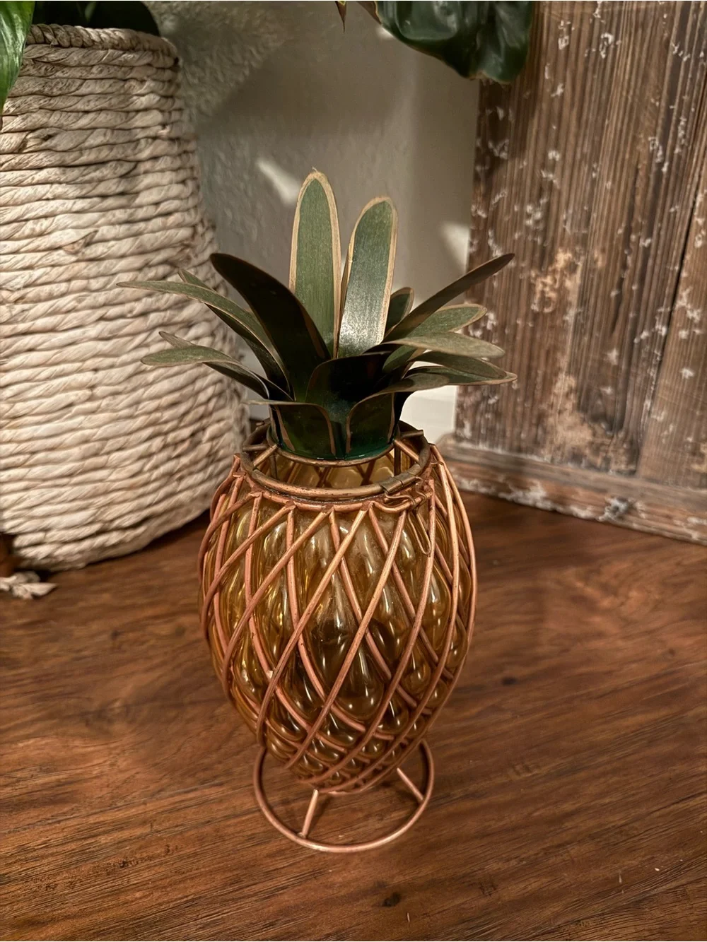 Vintage Caged Pineapple Copper Wire Blown Bubble Glass Candle Holder Enamel